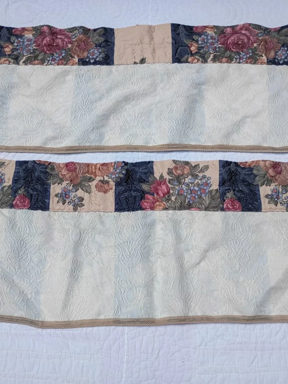 Vintage JC Penney Curtain Valances Heavy Tapestry Blue Beige Floral Stripe PAIR